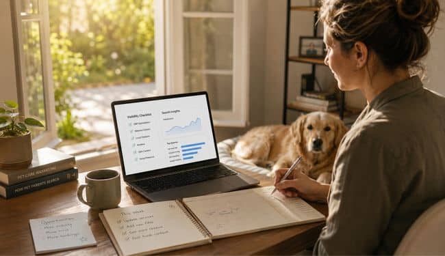 a woman working on her AI Visibility for her pet sitting business.