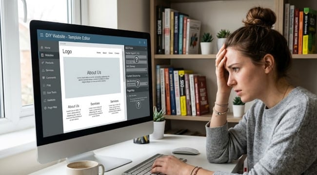 confused woman looking at a computer.